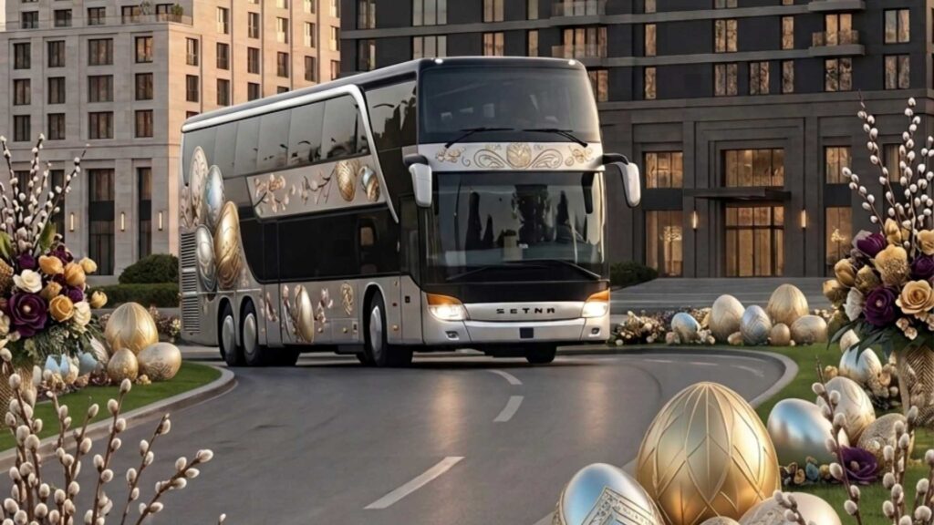 Autobus na putu sa vaskrsnjim jajima kao dekoracijom fotografije.