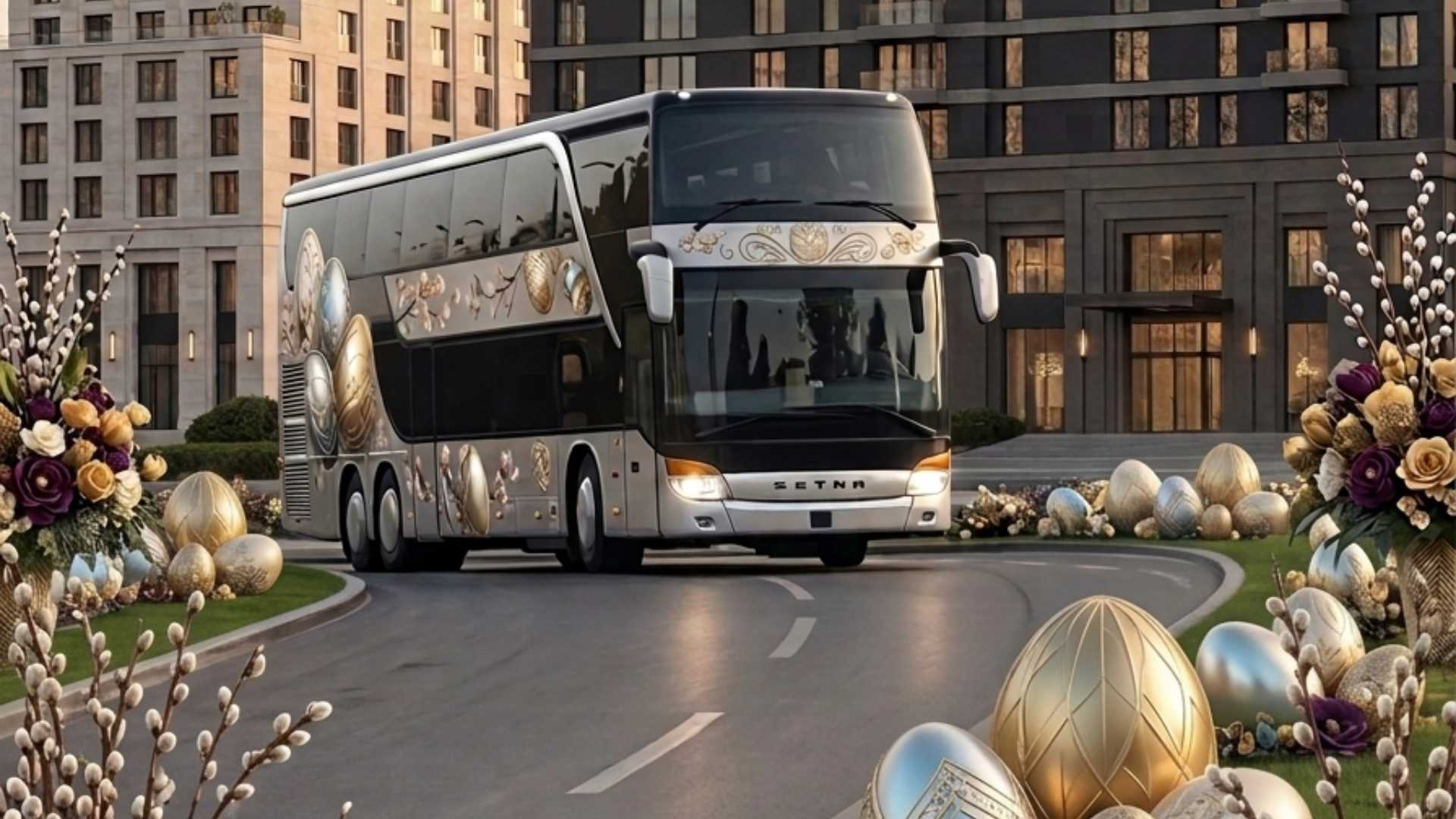 Autobus na putu sa vaskrsnjim jajima kao dekoracijom fotografije.
